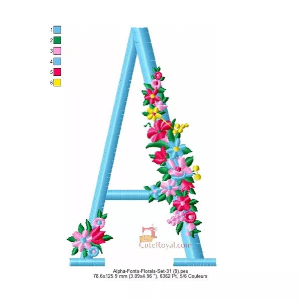 Lettre A majuscule avec des fleurs pour machine a broder