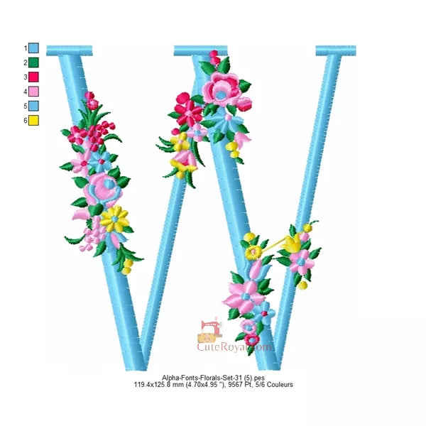 Lettre A majuscule avec des fleurs pour machine a broder