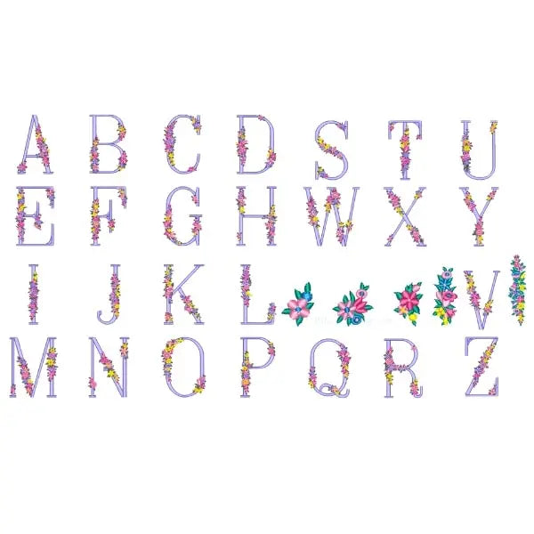Ensemble de broderie machine : 26 alphabets floraux et 5 motifs de fleurs.