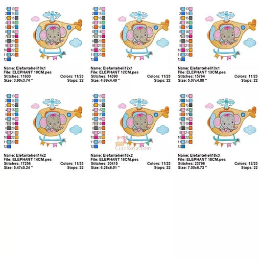 Éléphant Pilote Hélicoptère Broderie Machine - Point Léger - 6 Tailles - Motif Enfant Fille