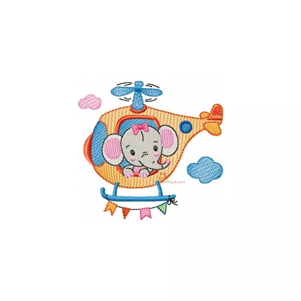 Éléphant Pilote Hélicoptère Broderie Machine - Point Léger - 6 Tailles - Motif Enfant Fille