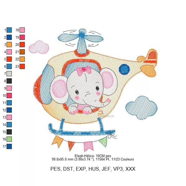 Éléphant Pilote Hélicoptère Broderie Machine - Point Léger - 6 Tailles - Motif Enfant Fille