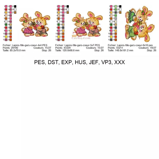 Lapins Tendres Broderie Machine - Cadeau Cœur - 3 Tailles - Motif Romantique