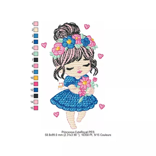 Princesse Florale Broderie Machine - Couronne & Bouquet - Motif Enfant Fille