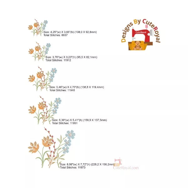 Fleurs_splendides_beautes_orange_beige_bleu_vert _5 tailles - Motif de broderie machine - CuteRoyal.com