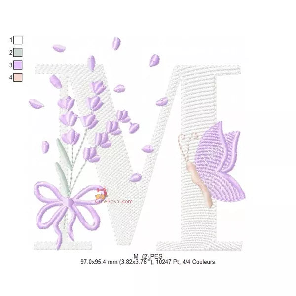 Alphabet Lavande Papillon Broderie Machine - 26 Lettres 4 Tailles - Style Provençal