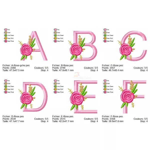 Alphabet-floral-A-à-F-et-une-Rose-Motif-de-broderie-machine