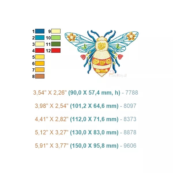 Abeille-florale-motif-de-broiderie-machine. 12 couleurs et 5 tailles incluses.
