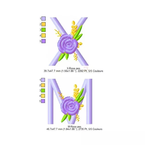 Alphabet-floral-X-M-et-une-Rose-Motif-de-broderie-machine