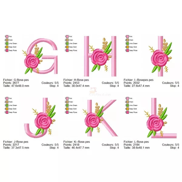 Alphabet-floral-G-à-L-et-une-Rose-Motif-de-broderie-machine