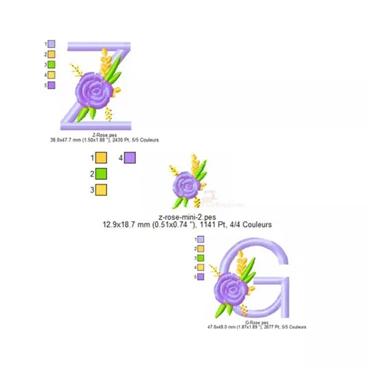 Alphabet-floral-Z-G-et-une-Rose-Motif-de-broderie-machine