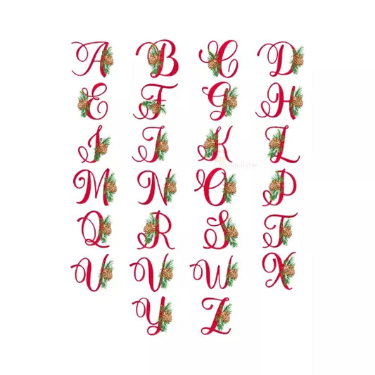 Alphabet-26-lettres-majuscule-de-Noel-avec-branches-de-pin-et-cocotte-de-pin-Motif-broderie-machine