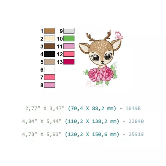 Motif de broderie animal représentant une petite biche aux grands yeux avec une couronne de roses et un papillon. 13 couleurs et 3 tailles.