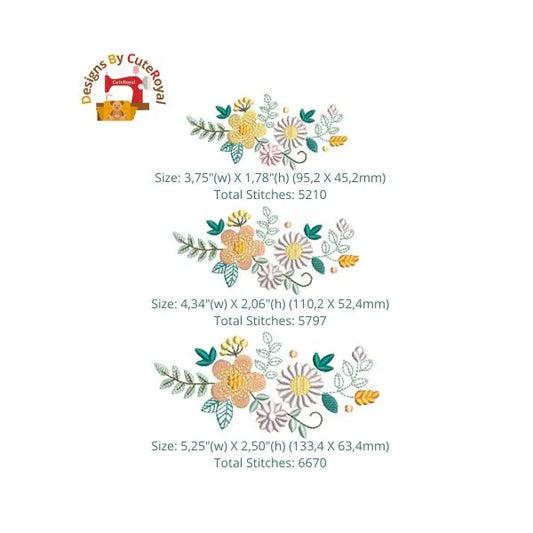 Variations de tailles – Motif de broderie machine floral bohème moderne. Élégance et délicatesse des fleurs adaptées à chaque format.