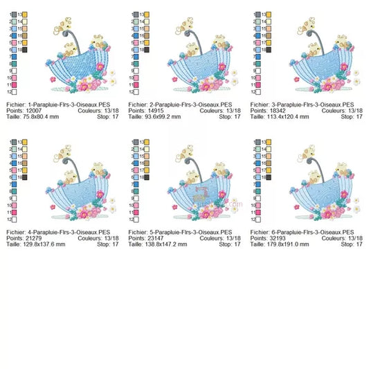 Parapluie-bleu-avec-des-fleurs-roses-blanches-et-trois-bébés-oiseaux-sur-le-parapluie-Motif-de-Broderie-Machine-Info-6-tailles-et-changements-de-couleurs-et-nombre-de-points