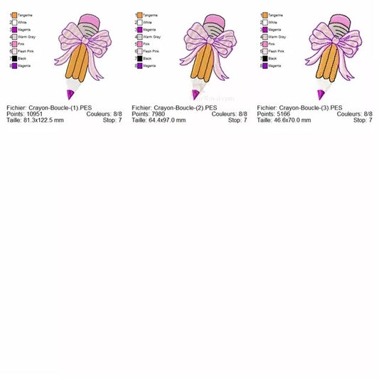 Info-tailles-Crayon-jaune-avec-boucle-rose-Motif-de-broderie-machine