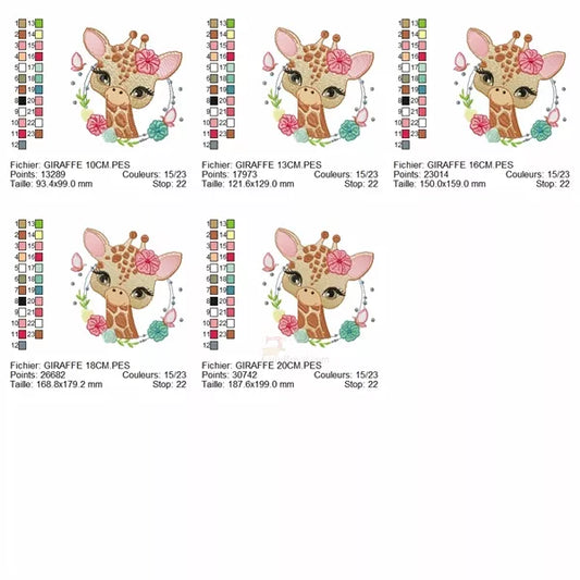 Une tête de Girafe ornée de Fleurs et de Papillons : Motifs de Broderie Machine - disponible en 5 tailles