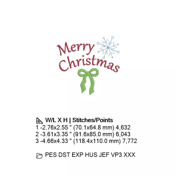 Info-Merry Christmas avec flocon de neige et nœud – motif de broderie machine – CuteRoyal – Machine Embroidery Design.