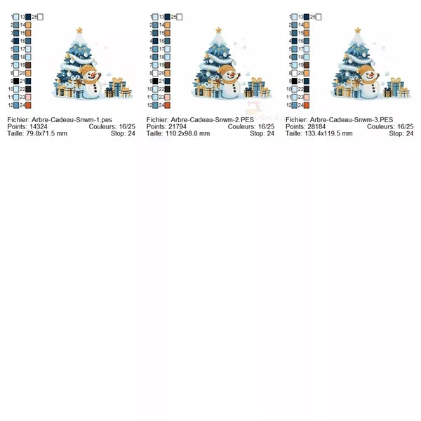 Info-tailles-Arbre-Noel-avec-Cadeaux-et-Bonhomme-de-Neige-Motif-Broderie-Machine