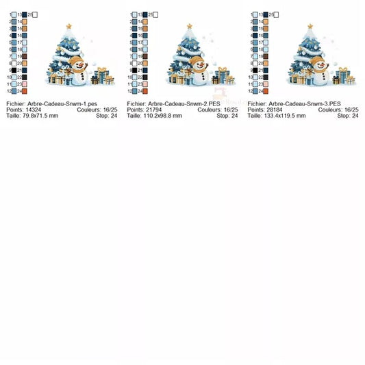 Info-tailles-Arbre-Noel-avec-Cadeaux-et-Bonhomme-de-Neige-Motif-Broderie-Machine