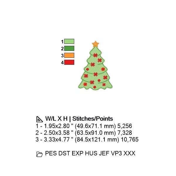 Dimensions et couleurs - Sapin de Noël vert avec ornements rouge et jaune avec une étoile jaune au dessus de l'arbre - Motif de broderie machine - CuteRoyal