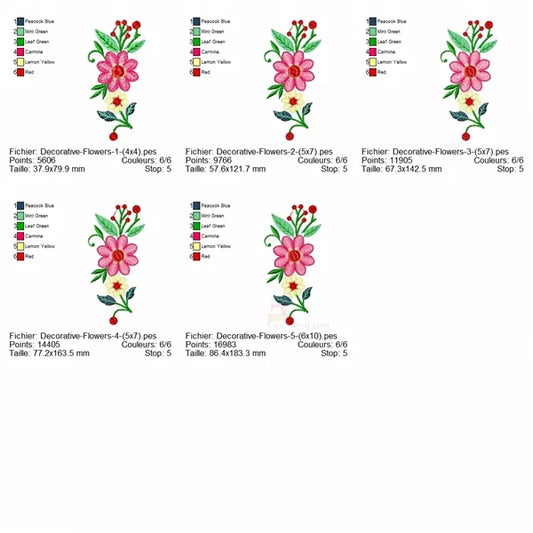 Info-tailles-et-couleurs-du-Motif-broderie-machine-Fleurs-ondulées-decoratives- jaune-et-rose, feuilles vertes et baies rouges-5-tailles-incluses-CR10027
