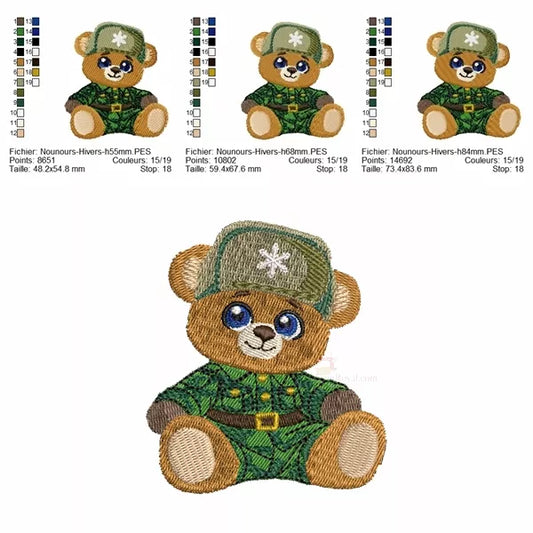 Info-tailles-Motif de broderie machine représentant un ourson habillé en vêtement d'hiver et chapeau ayant un flocon de neige.