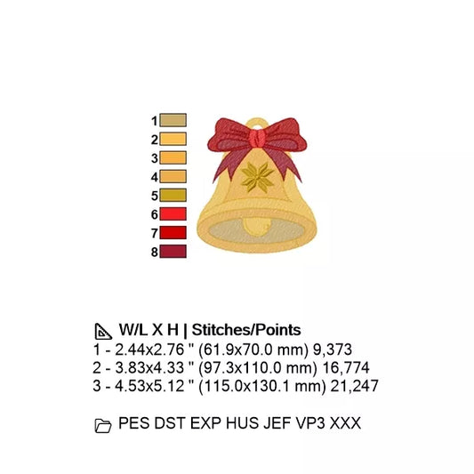 Info - Dimensions et couleurs - Cloche de Noël or avec un ruban rouge et un étoile or - Motif de broderie machine CuteRoyal | Christmas Bell with Bow and Star Machine Embroidery Design.
