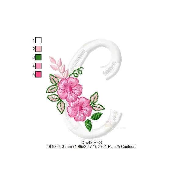 Lettre-C-blanc-avec-fleurs-rose-motifs-de-broderie-machine