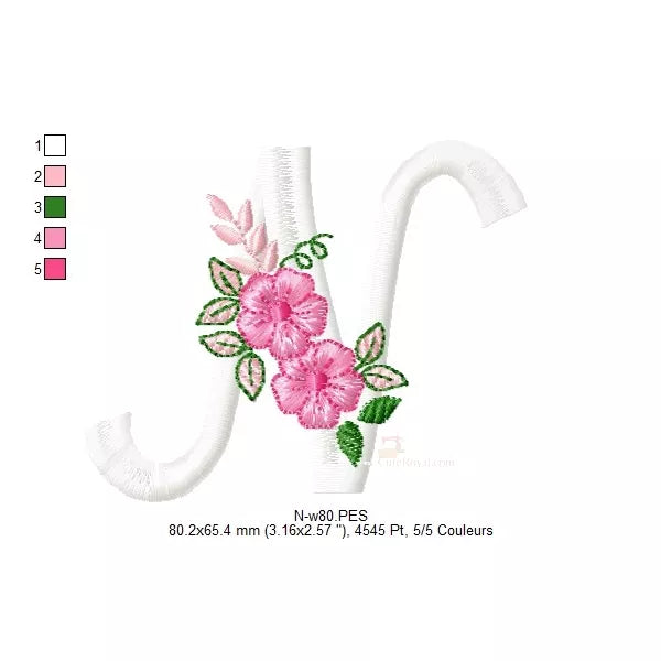 Lettre-N-blanc-avec-fleurs-rose-motifs-de-broderie-machine