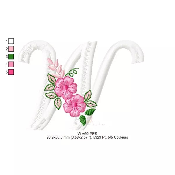 Lettre-W-blanc-avec-fleurs-rose-motifs-de-broderie-machine
