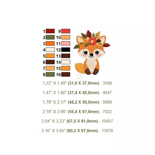 Motif de broderie machine représentant un renard bébé assis, orné d'une couronne de feuilles d'automne et d'une fleur rouge. Style kawaii aux tons chauds orangés, roux et verts. 16 couleurs et 6 tailles.