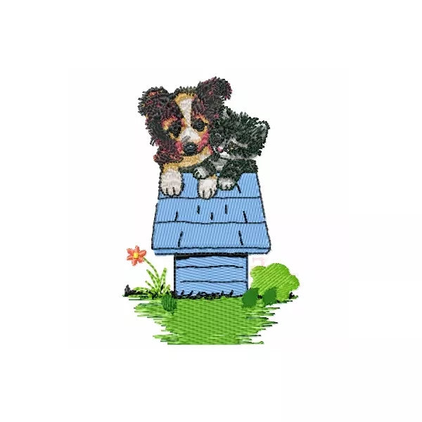 Chien-chat-sur-niche-bleu-fleur-et-arbuste-motif-de-broderie-machine