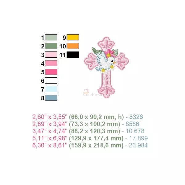 Motif de broderie machine représentant une croix ornementale rose avec une colombe blanche et des fleurs délicates - 11 couleurs et 5 tailles incluses.