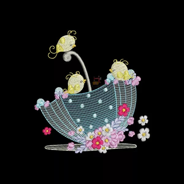Parapluie-bleu-avec-des-fleurs-roses-blanches-et-trois-bébés-oiseaux-sur-le-parapluie-Motif-de-Broderie-Machine
