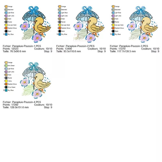 Motif de broderie machine, 4 tailles – Parapluie mignon avec petit oiseau ou caneton – Design enfant, pluie, printemps, fleurs roses.