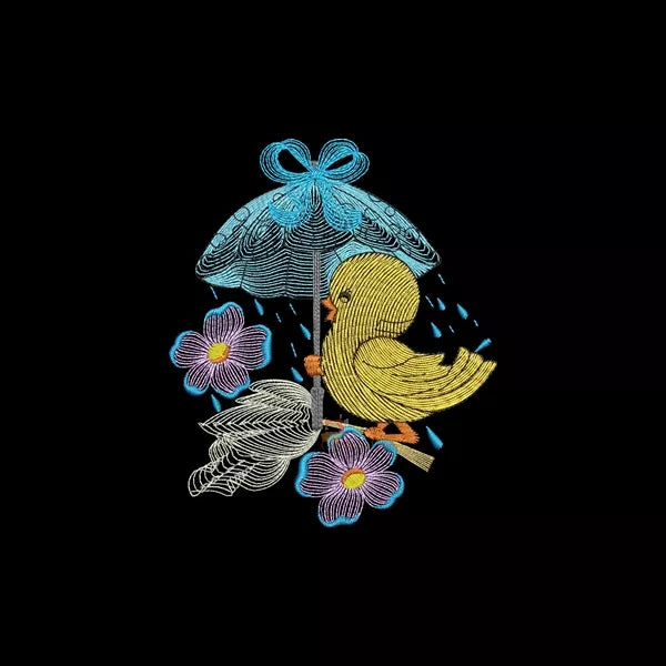 Motif de broderie machine – Parapluie mignon avec petit oiseau ou caneton – Design enfant, pluie, printemps, fleurs roses.