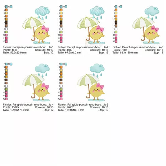 <img source='Parapluie-Poussin- Rond.webp' alt='Motif de broderie d’un poussin rond avec un parapluie. 5 tailles.' />