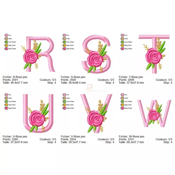 Alphabet-floral-R-à-W-et-une-Rose-Motif-de-broderie-machine