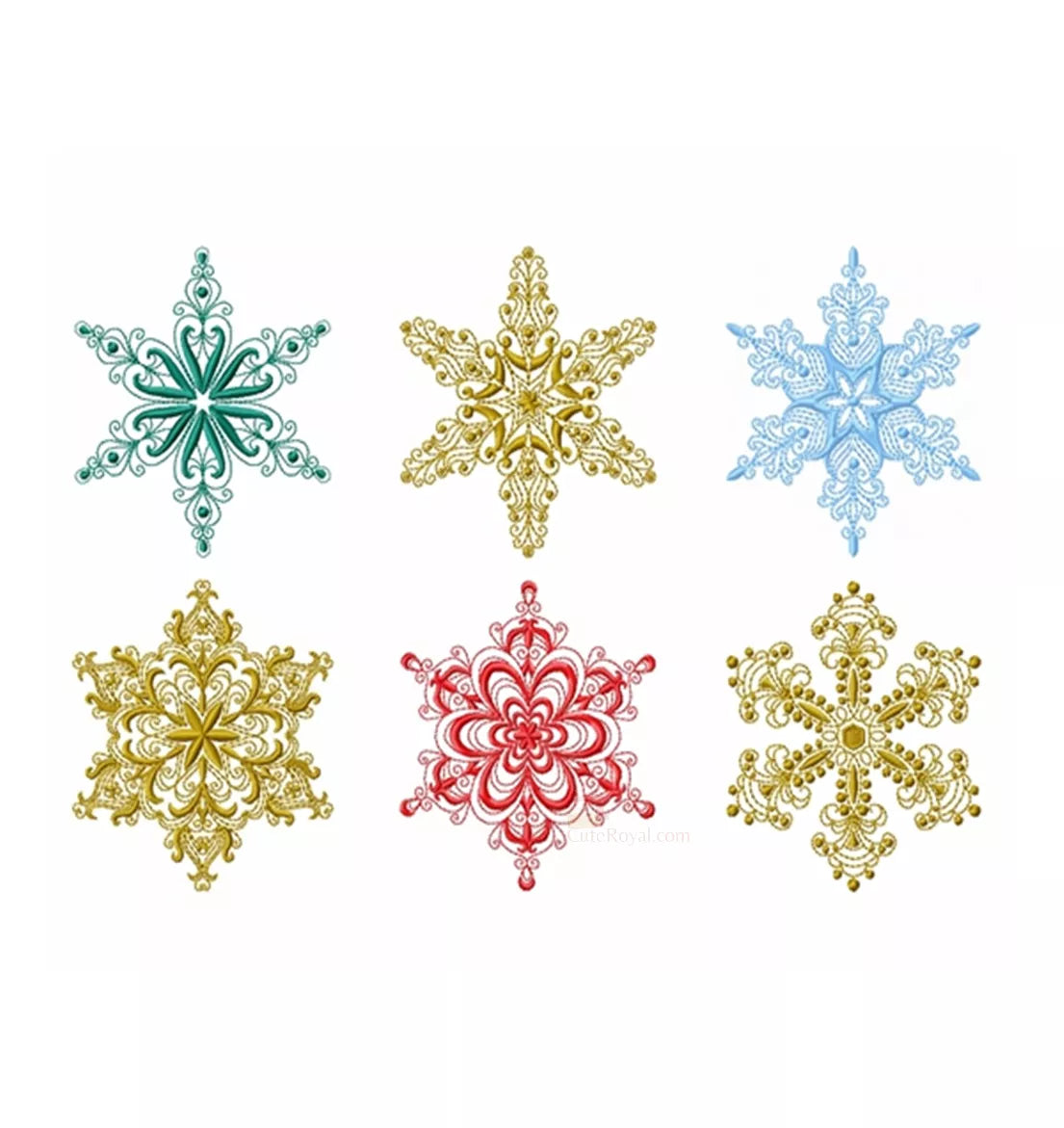 Six-flocons-de-neige-vert-or-bleu-rouge-motif-de-broderie-machine