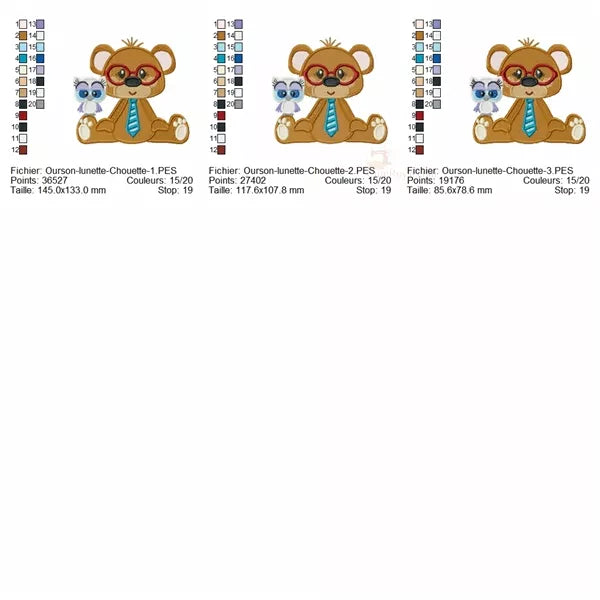 Ourson avec Lunettes rouge et Cravate bleu et un Hibou - 3 tailles - Motifs Broderie Machine
