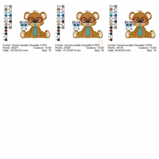 Ourson avec Lunettes rouge et Cravate bleu et un Hibou - 3 tailles - Motifs Broderie Machine