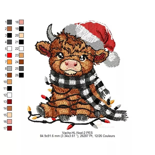 Taille-2-Bebe-Vache-Highland-de-Noel-Motif-de-broderie-machine
