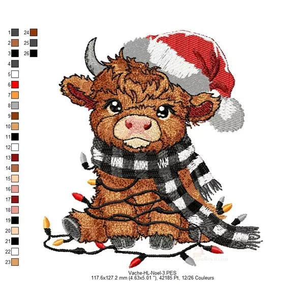 Taille-3-Bebe-Vache-Highland-de-Noel-Motif-de-broderie-machine