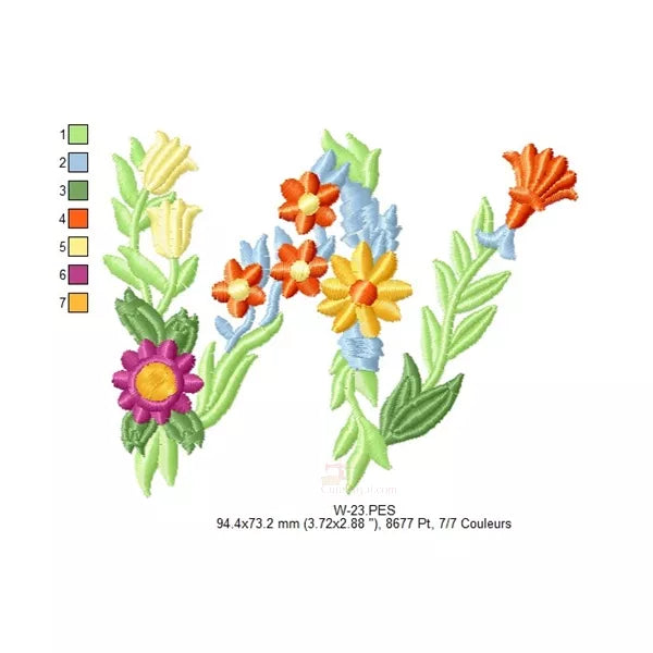 Alphabet-floral-letrre-W-multicolor-motifs-de-broderie-machine