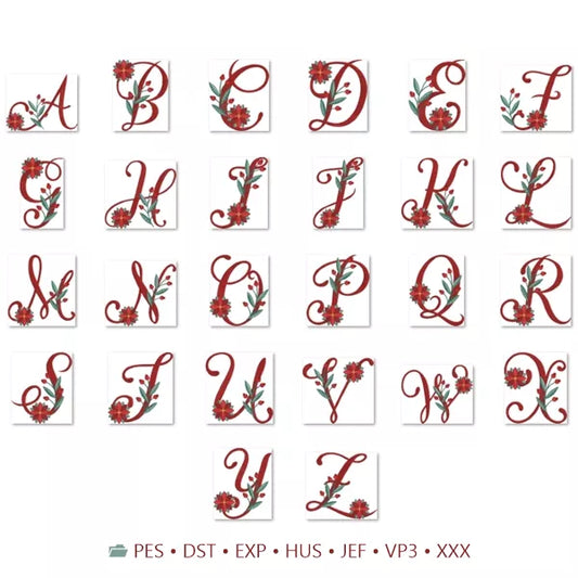 Ensemble complet de 26 lettres majuscules de l alphabet de Noel floral pour broderie machine. Formats Pes Dst Exp Hus Jef Vp3 Xxx. | Complete set of 26 capital letters from the floral Christmas alphabet for machine embroidery. Formats Pes Dst Exp Hus Jef Vp3 Xxx.