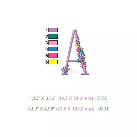 Lettre rose majuscule avec fleurs - Alphabet floral motif de broderie machine. 6 changements de couleur et 2 tailles incluses.