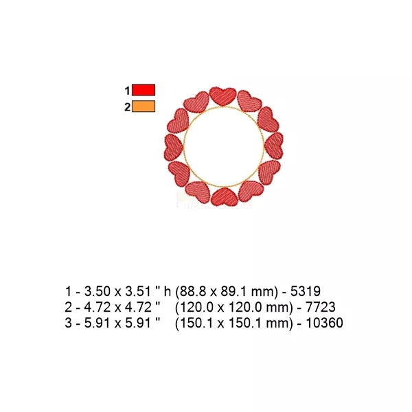Fiche technique du motif couronne de cœurs : 3 tailles, palette de 2 couleurs et dimensions en mm et pouces.