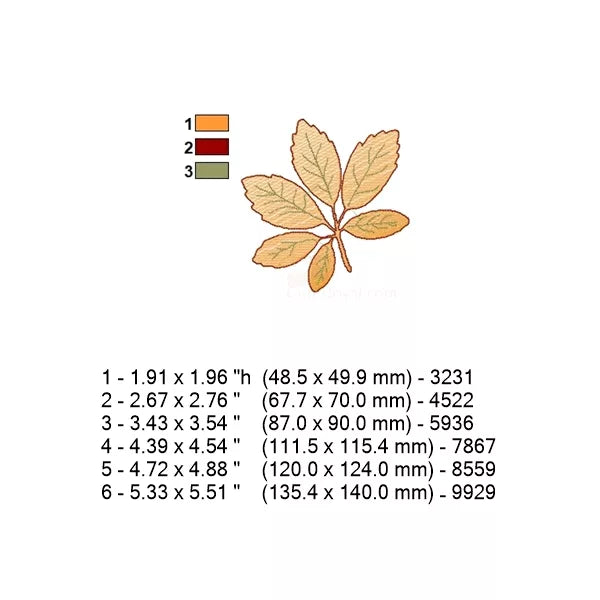 Fiche technique du motif feuille de marronnier : 6 tailles, palette de 3 couleurs et dimensions en mm et pouces.