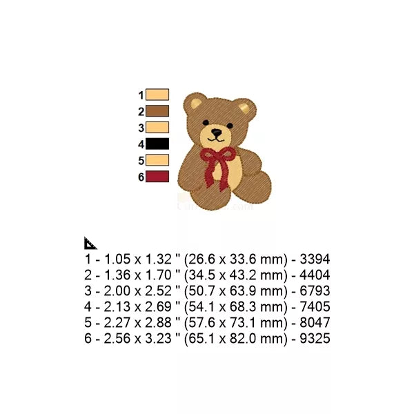 Fiche technique du motif ourson : 6 tailles, palette de 6 couleurs et dimensions en mm et pouces